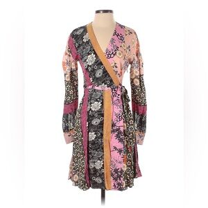 Pinko Mixed-Print Wrap Dress in Pink, Black & Mustard